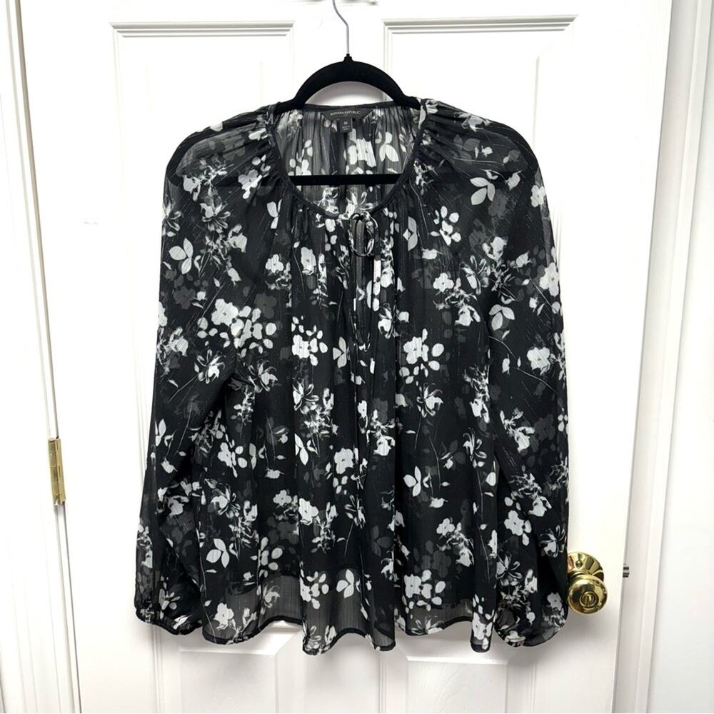 Banana Republic Blouse - Sheer Black, Metallic Thread, Peasant Blouse, Size M